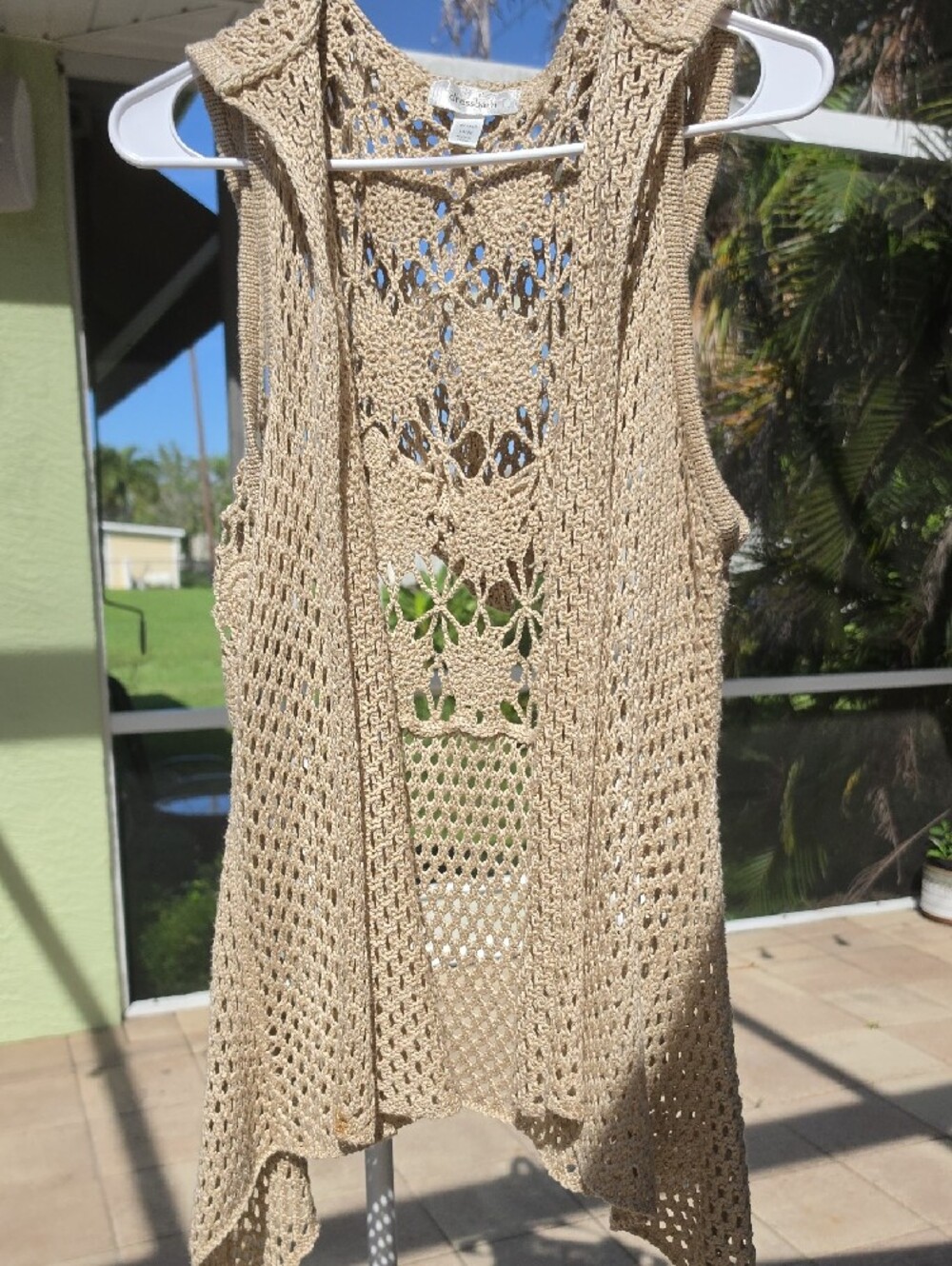 DRESSBARN Natural Crochet Vest with Hood